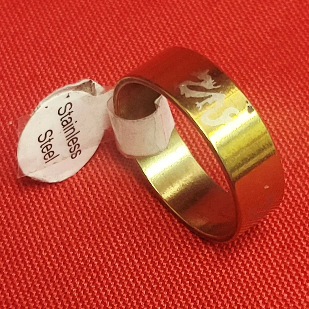 Stainless Steel Wide Band White Dragon Engraved Ring Size 21 Gold Tone Unisex